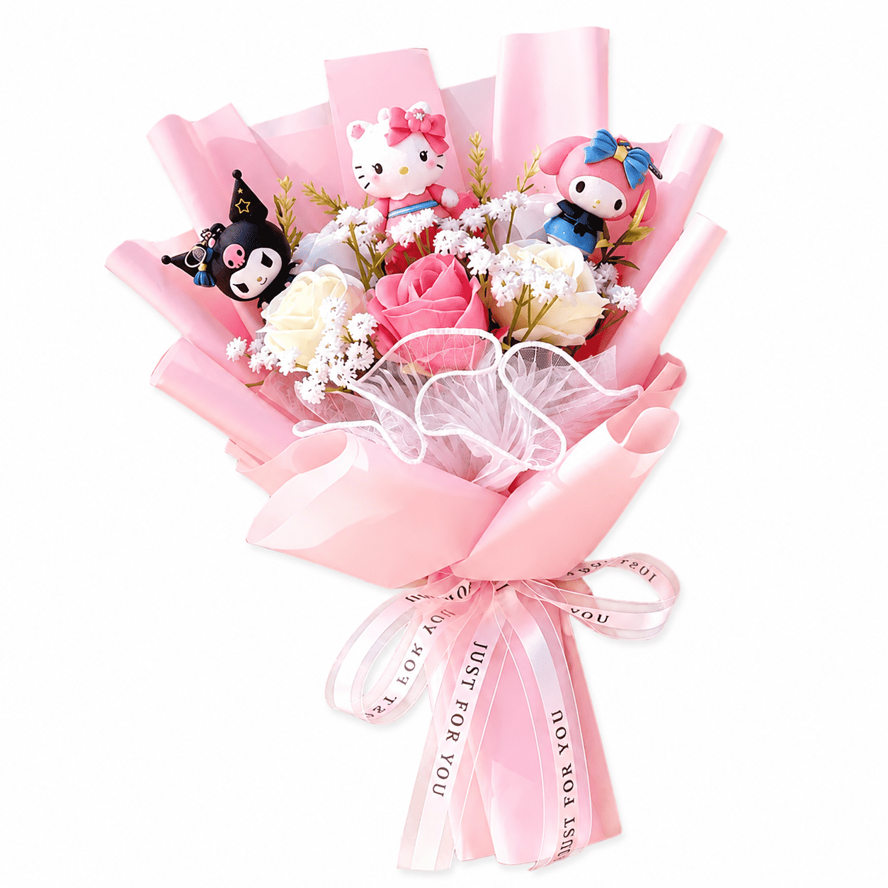 Pink Sanrio character artificial flower bouquet with Kitty and Kuromi figurines and ribbons
