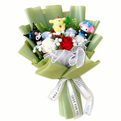 Green Sanrio character artificial flower bouquet with plush characters and white ribbon bows