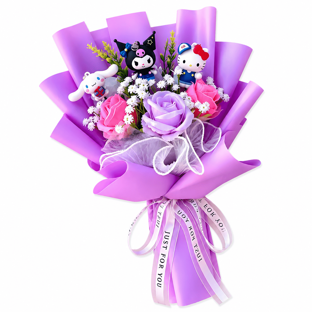 Purple Sanrio character artificial flower bouquet with plush Kitty, Kuromi, and Melody figures