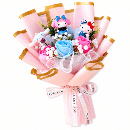 Blush pink Sanrio character artificial flower bouquet with plush figures and gold ribbon