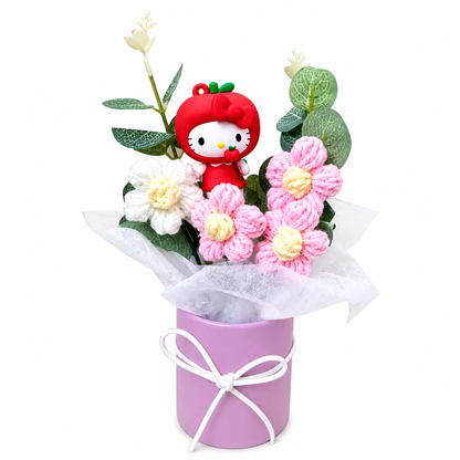 Plush flower arrangement with red Hello Kitty plush and pink, white crocheted flowers