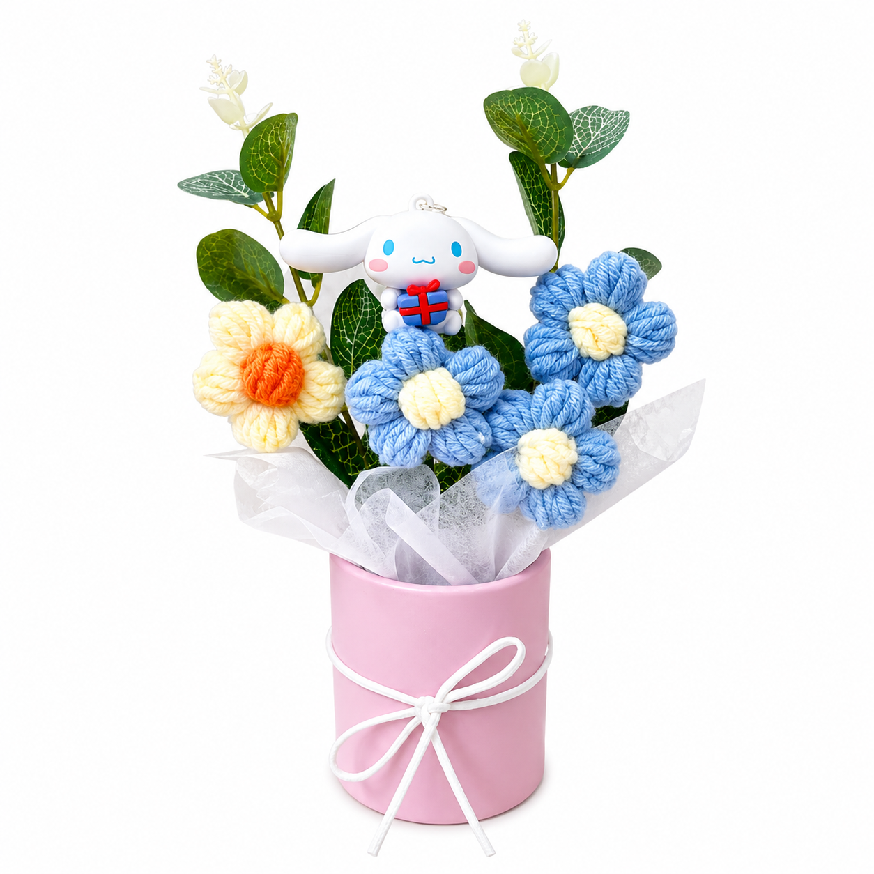 Plush flower arrangement with pink hat box, blue flower plush, and standing cat plush