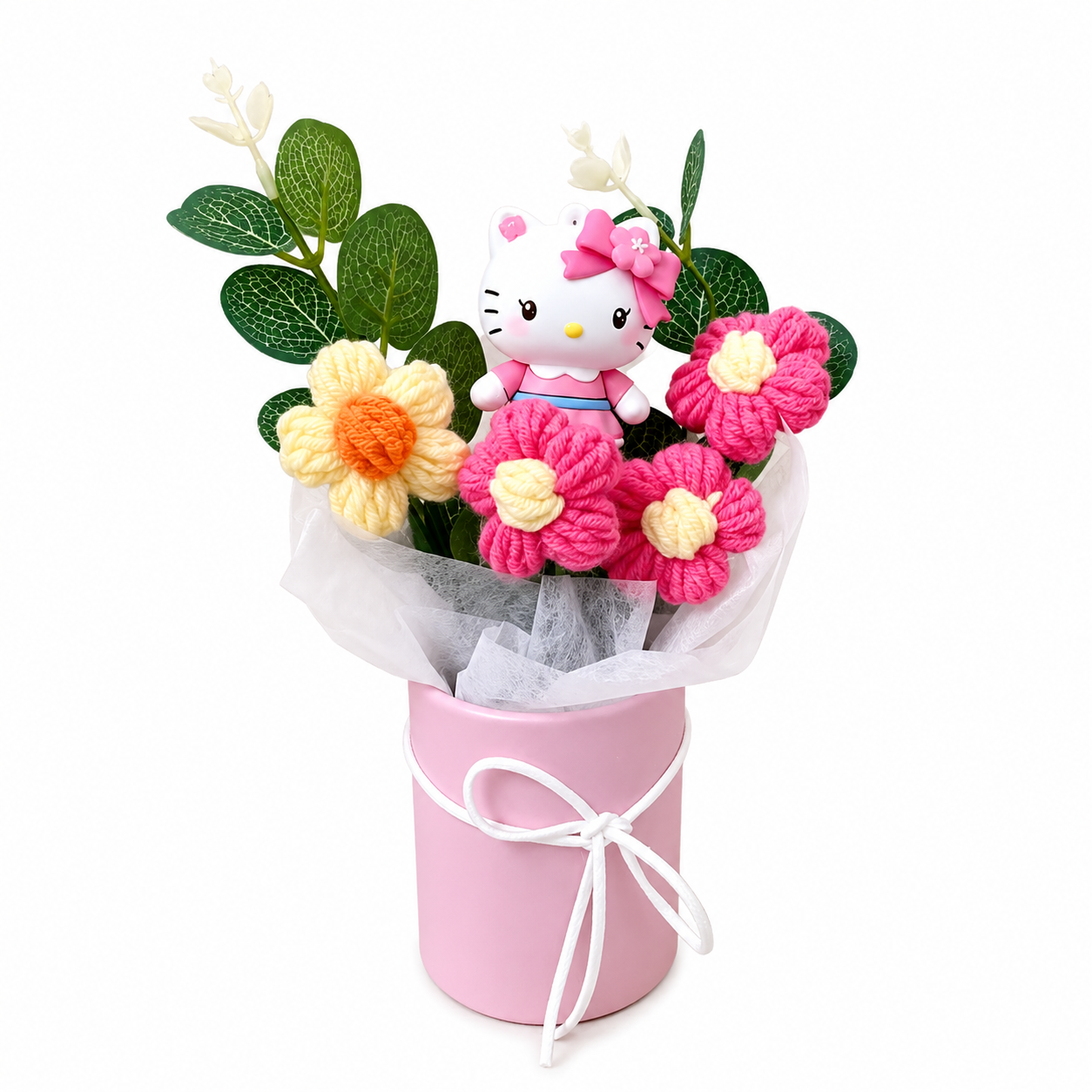 Plush flower arrangement with pink hat box, pink flower plush, and Hello Kitty with bow