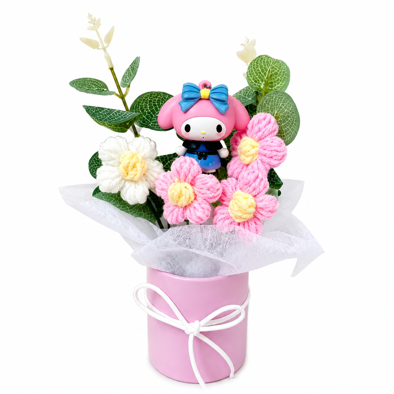 Plush flower arrangement with pink hat box, pink flower plush, and bow-wearing Hello Kitty