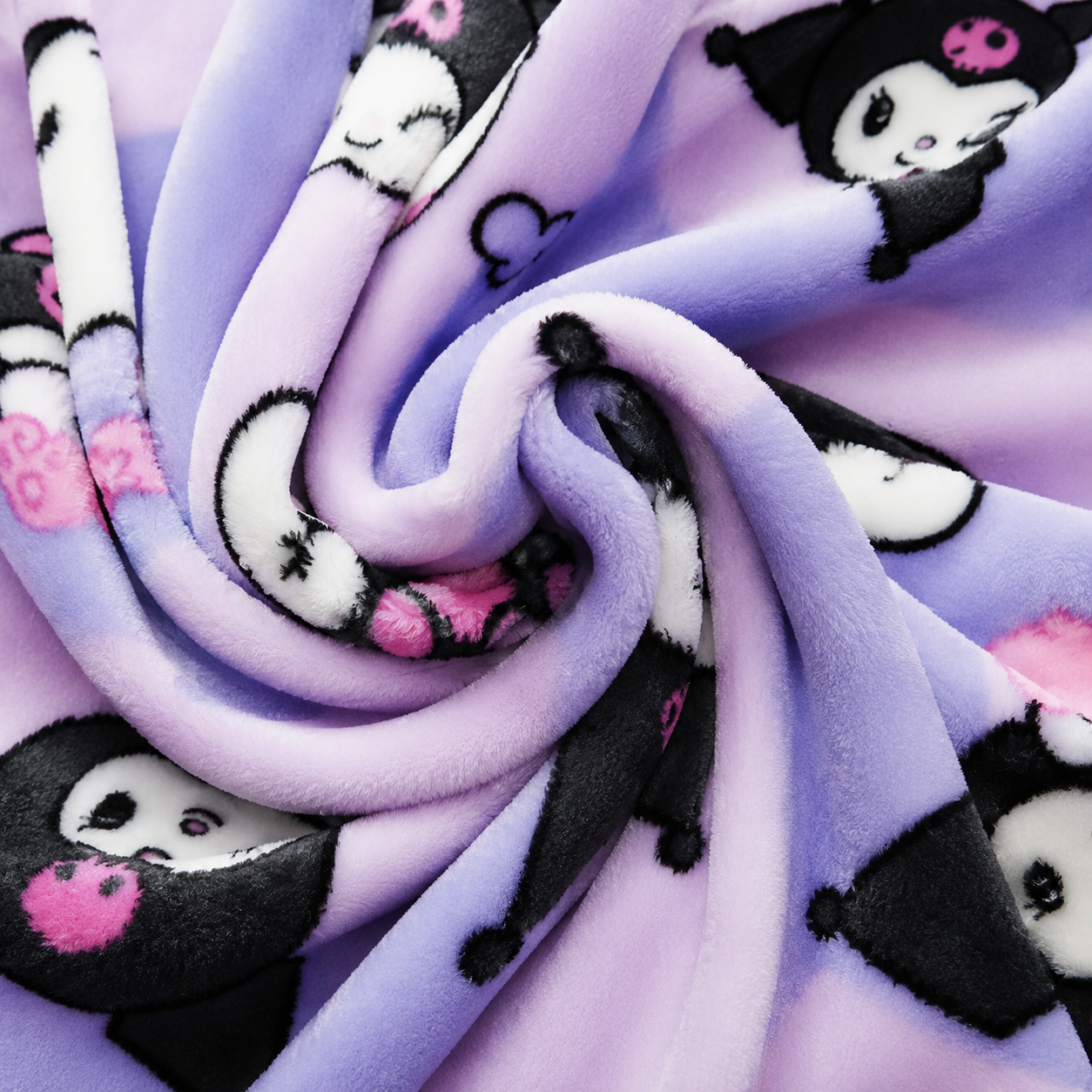 Lavender fleece pajama fabric with Kuromi and Hello Kitty faces