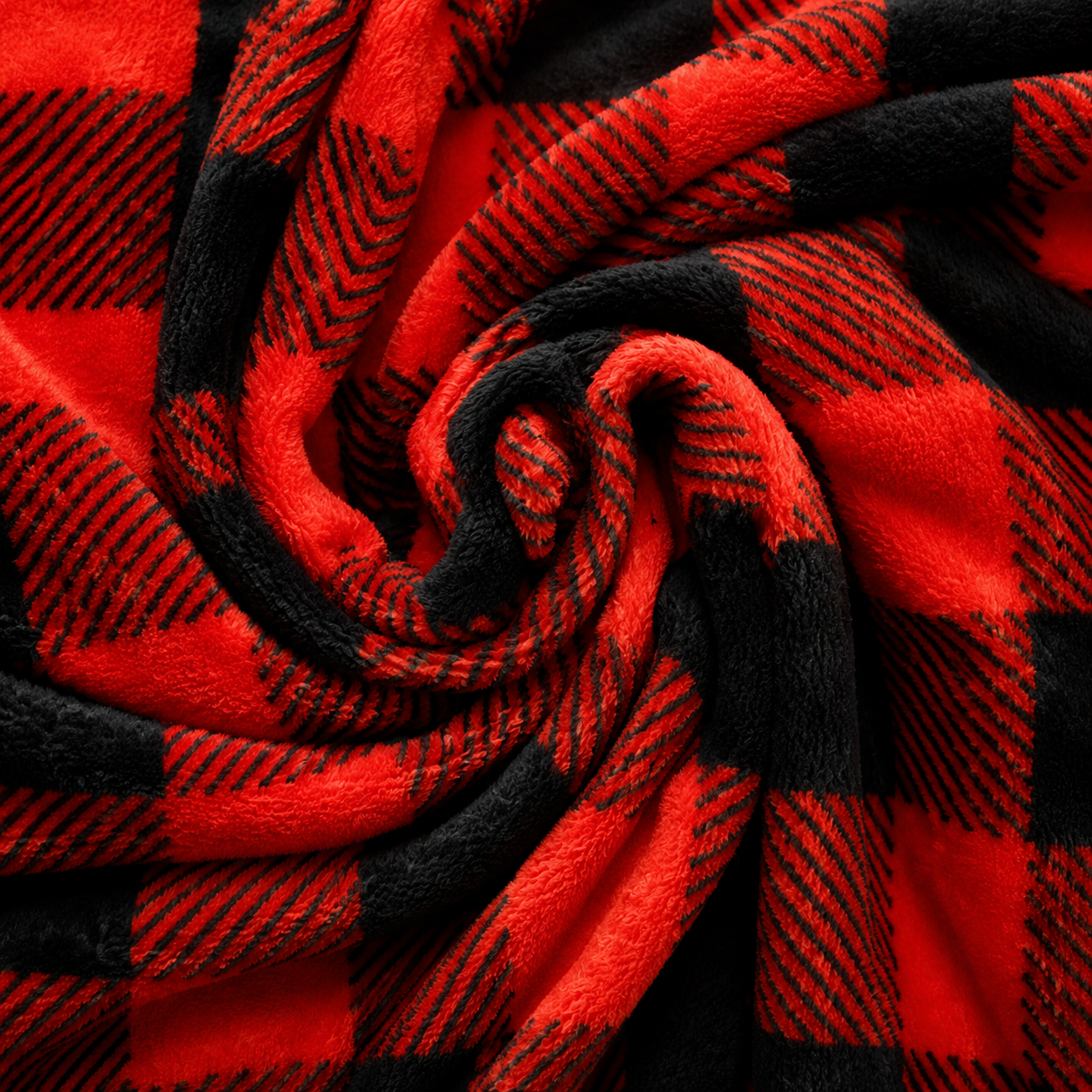 Red and black buffalo plaid fabric with soft fleece texture