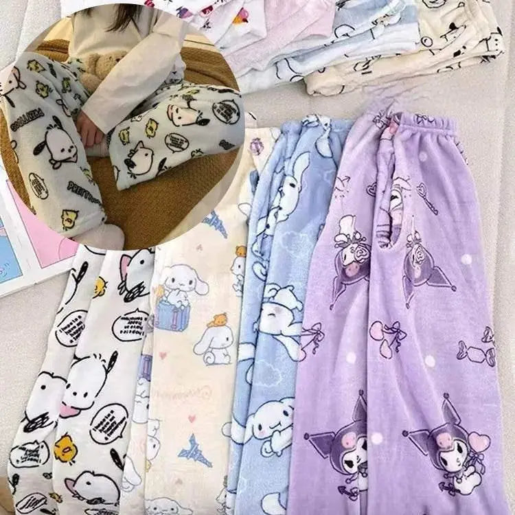 Purple character pajama pants with all-over cartoon print and gathered elastic waistband