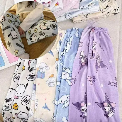 Purple character pajama pants with all-over cartoon print and gathered elastic waistband