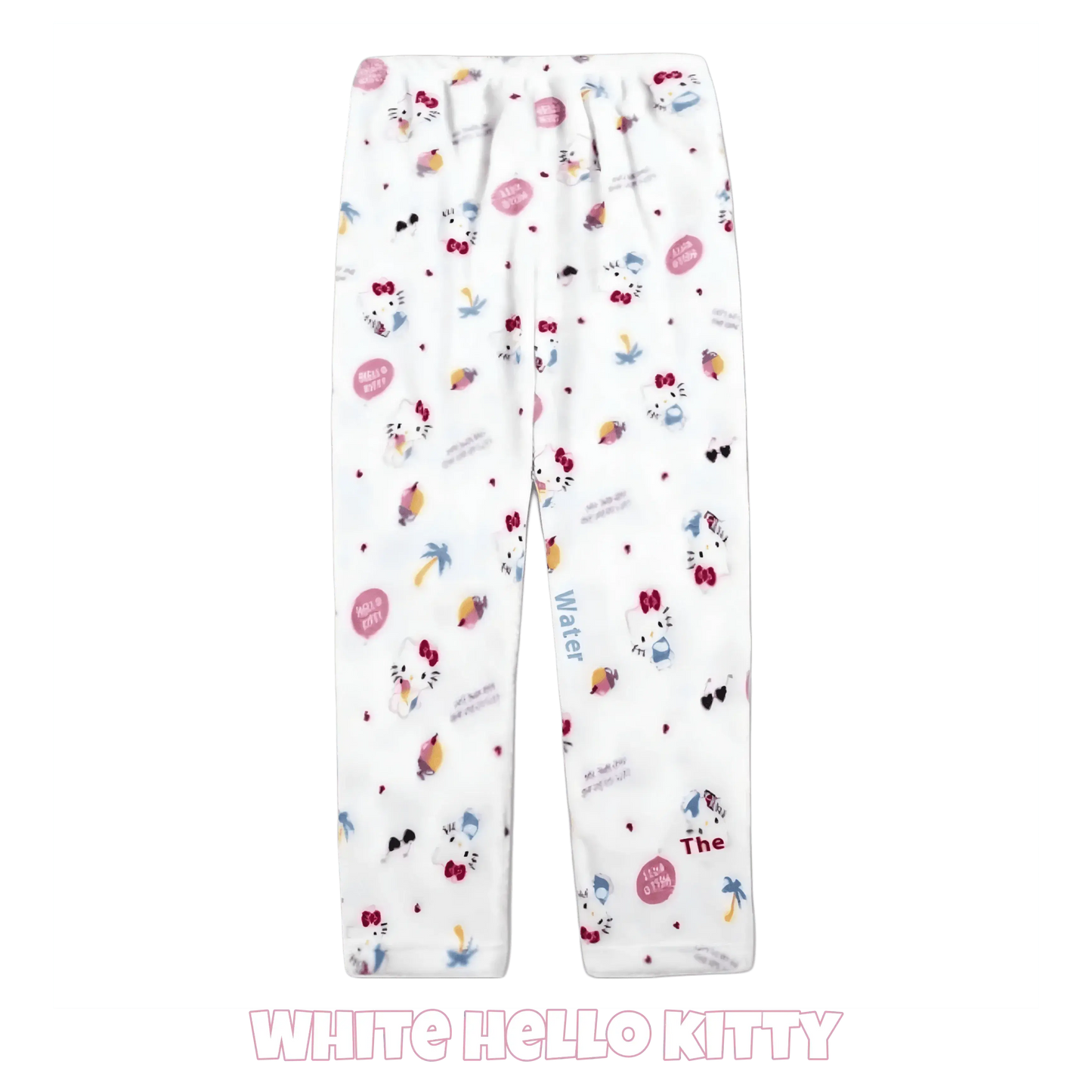 White character pajama pants with multicolor icons and elastic gathered waistband