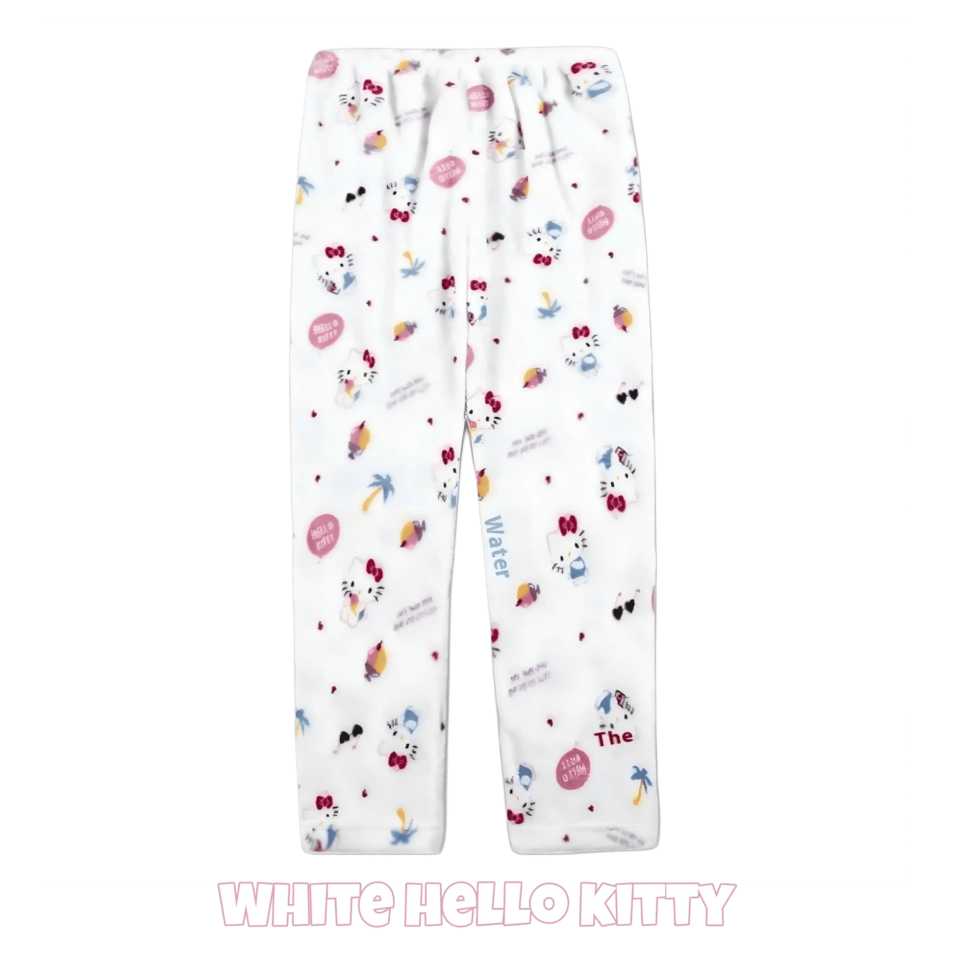 White character pajama pants with multicolor icons and elastic gathered waistband