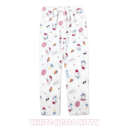 White character pajama pants with multicolor icons and elastic gathered waistband