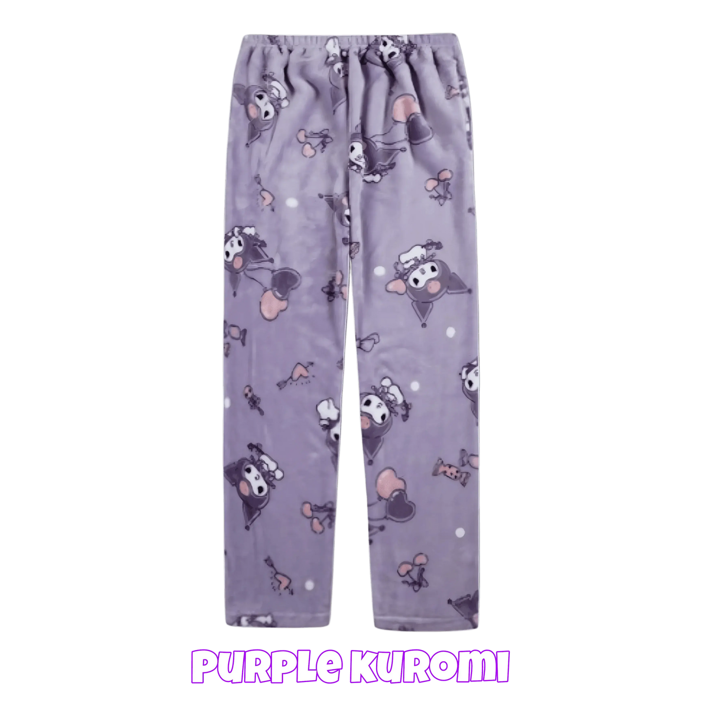 Purple character pajama pants with all-over cartoon face print and elastic gathered waist