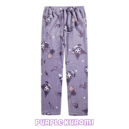 Purple character pajama pants with all-over cartoon face print and elastic gathered waist