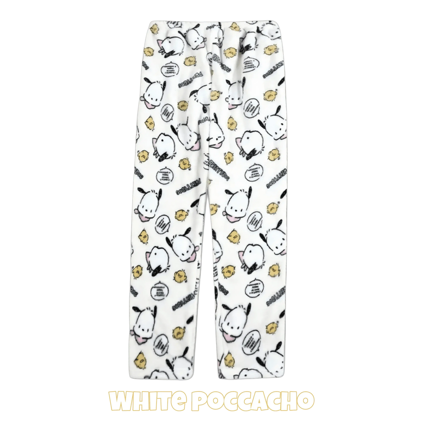 White character pajama pants with repeating animal face and accessory prints and elastic waist
