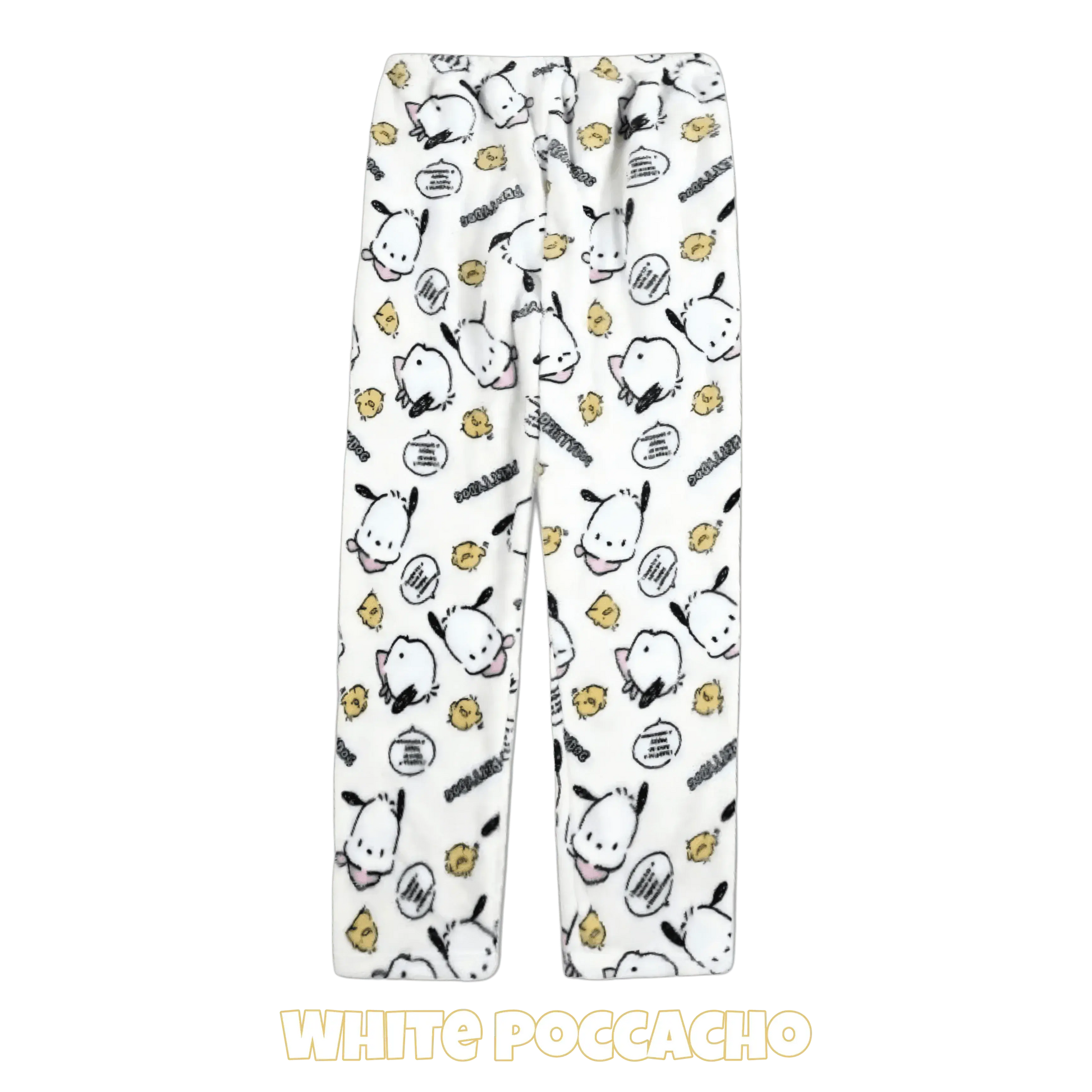 White character pajama pants with repeating animal face and accessory prints and elastic waist