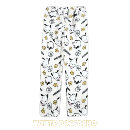 White character pajama pants with repeating animal face and accessory prints and elastic waist