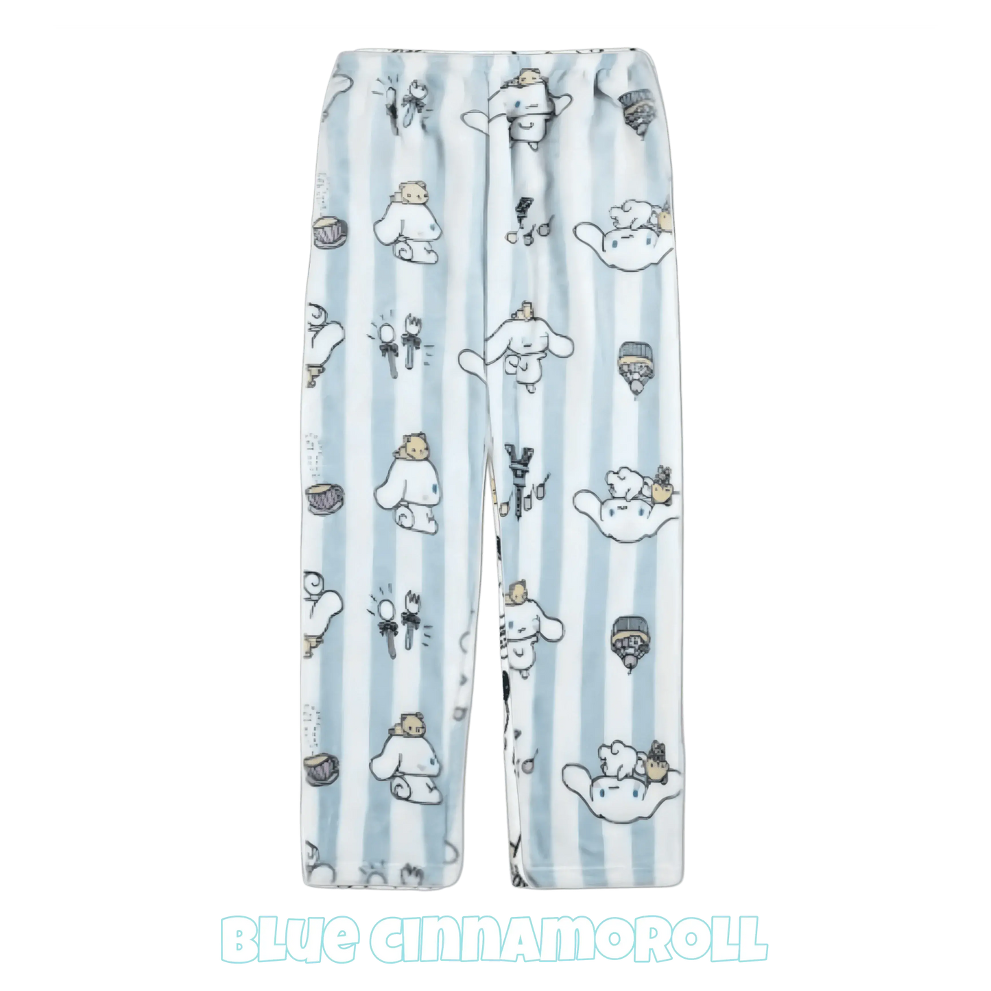 Light blue character pajama pants with repeating dog icons and elastic gathered waistband