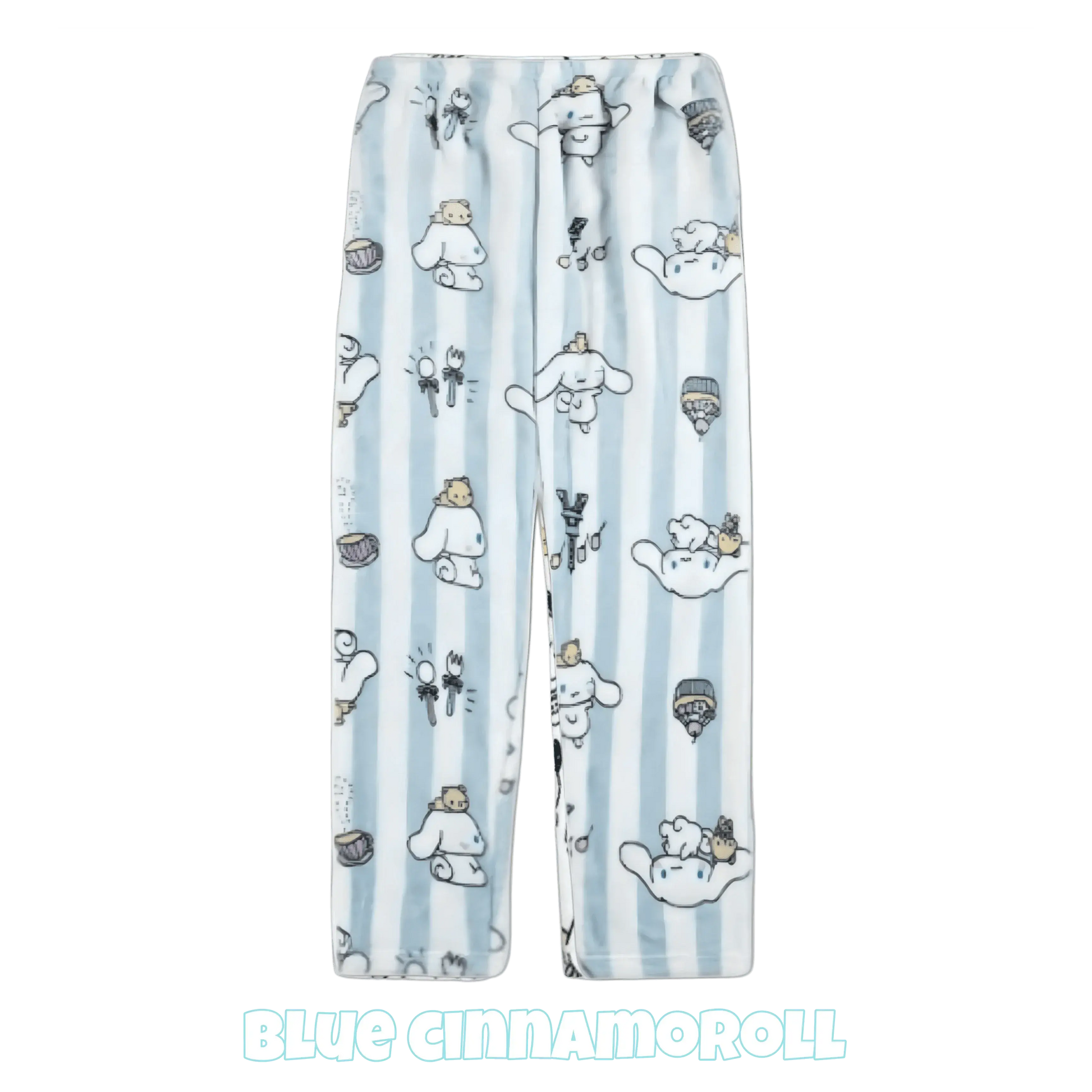 Light blue character pajama pants with repeating dog icons and elastic gathered waistband