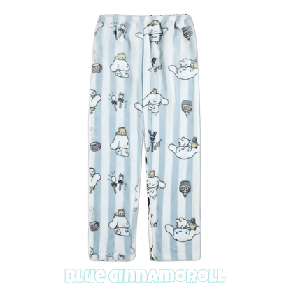 Light blue character pajama pants with repeating dog icons and elastic gathered waistband