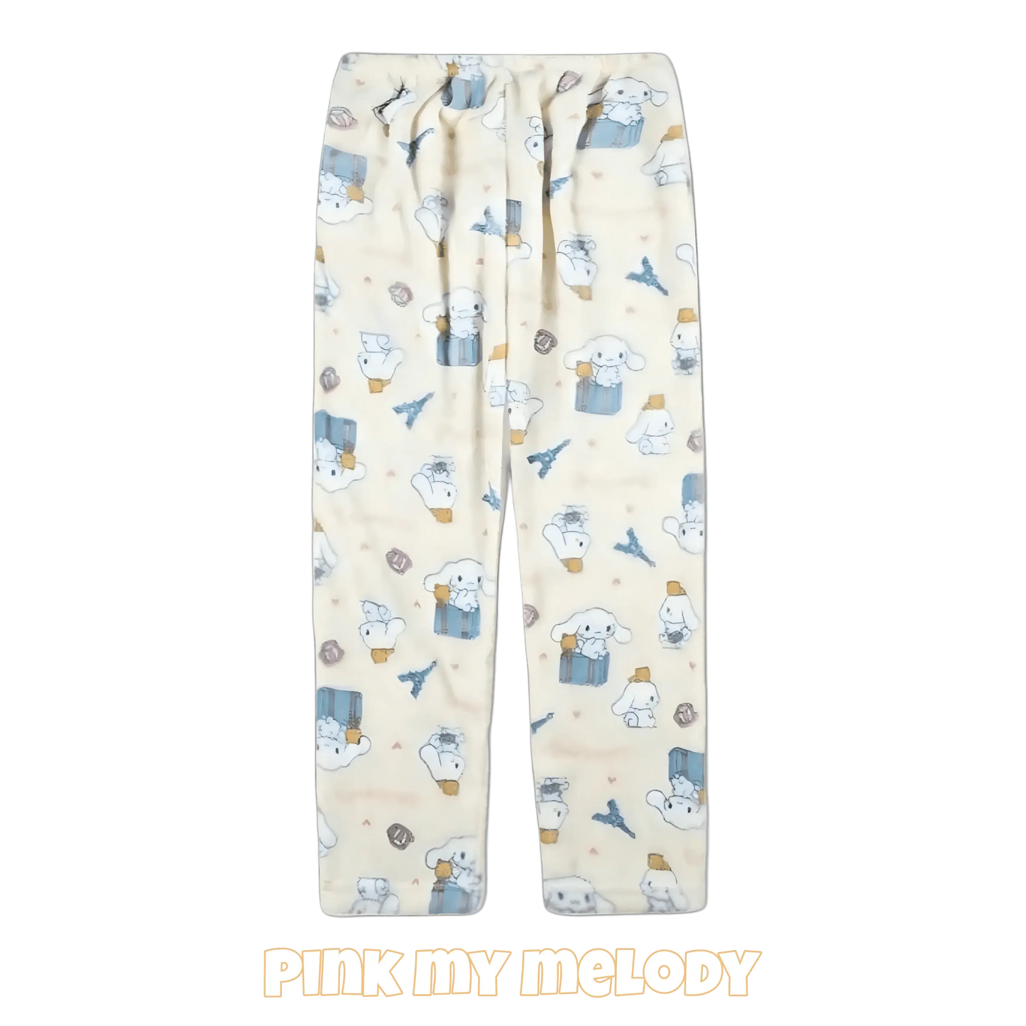 Pink character pajama pants with scattered cartoon figures and elastic gathered waistband
