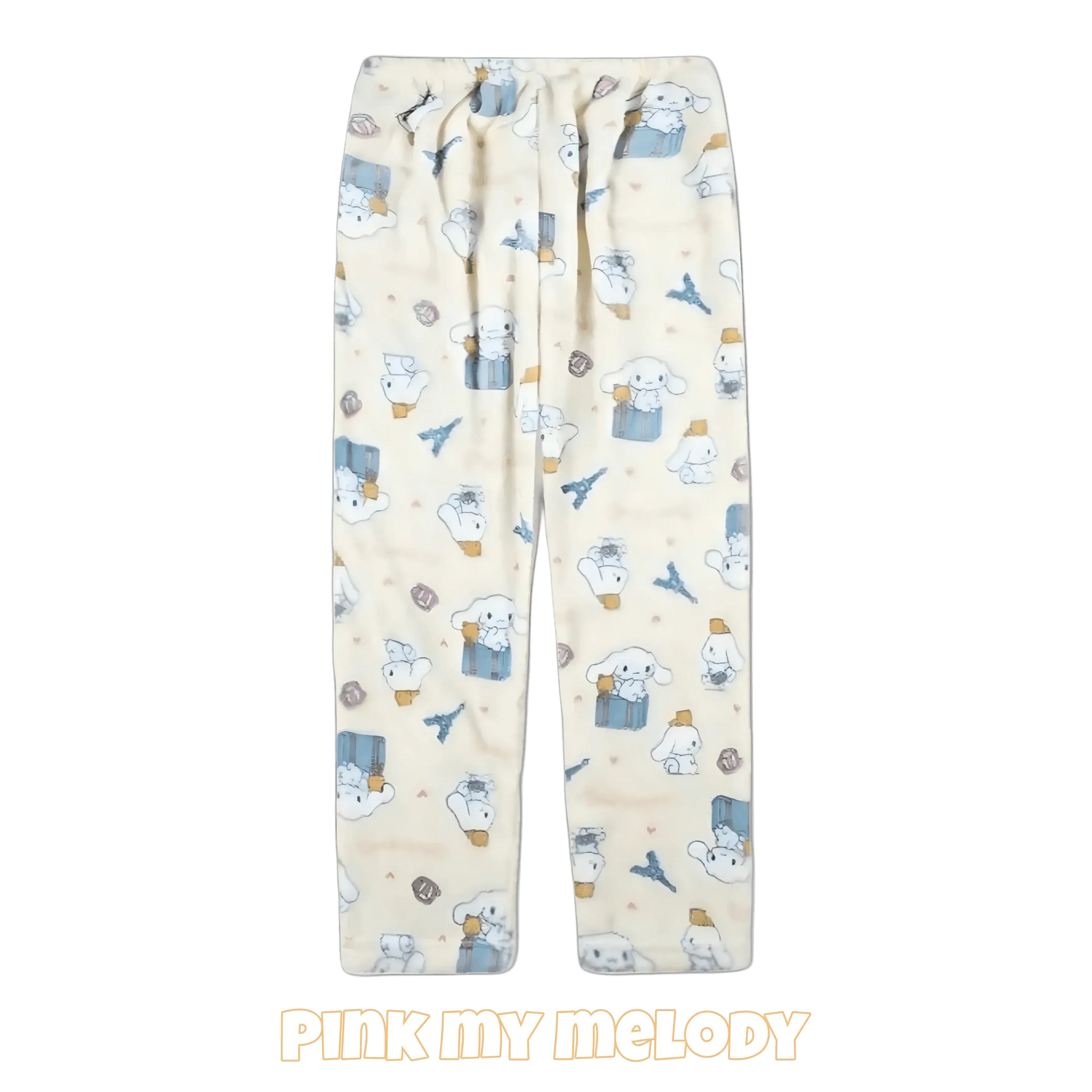 Pink character pajama pants with scattered cartoon figures and elastic gathered waistband