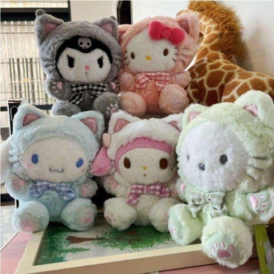 Assorted pastel plush cat characters stacked together, each with bow and hood details