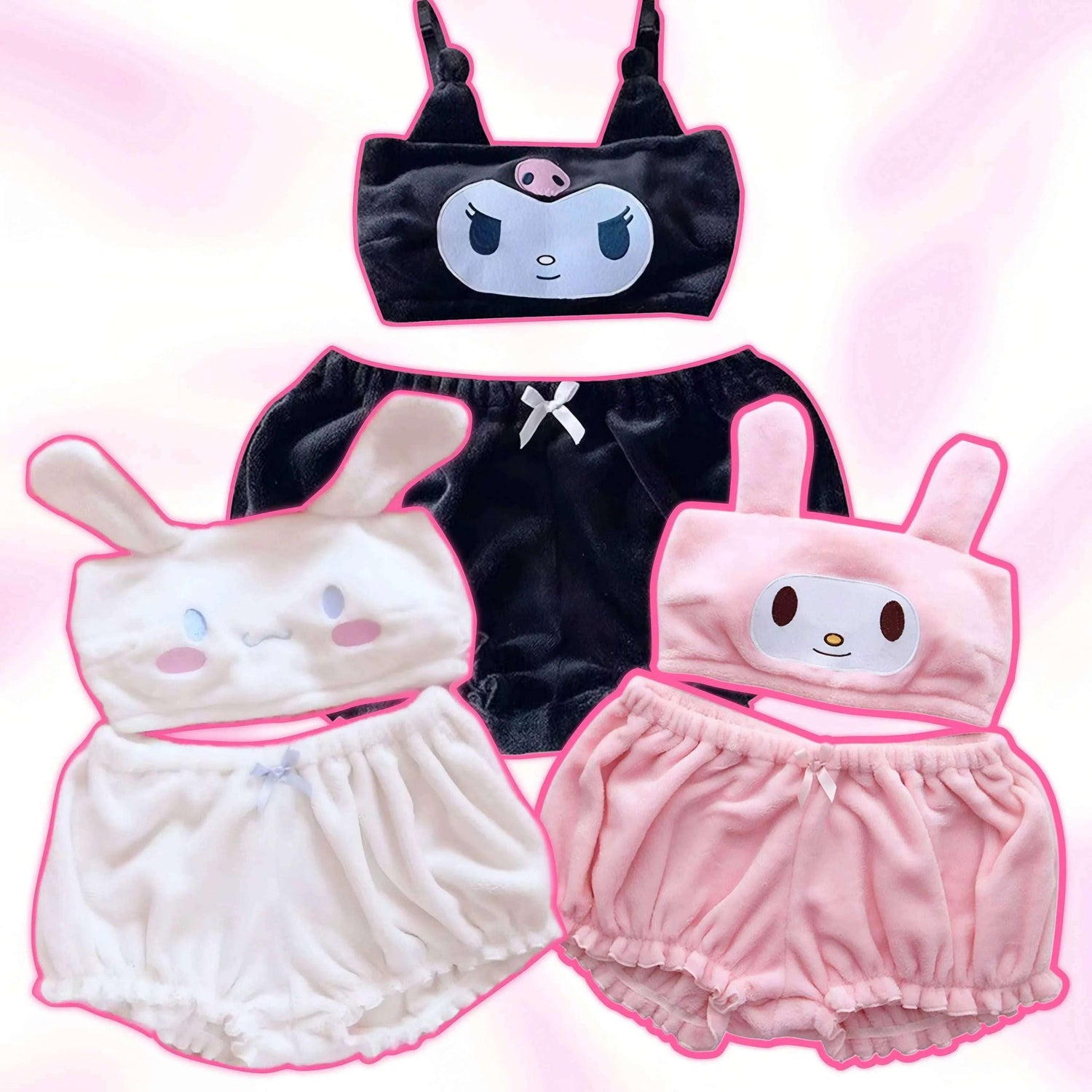 Bunny two-piece pajama sets in white, pink, and black (camisole and ruffle shorts)