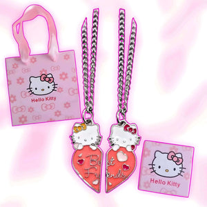 Hello Kitty charm necklace set with two heart pendants on silver chains