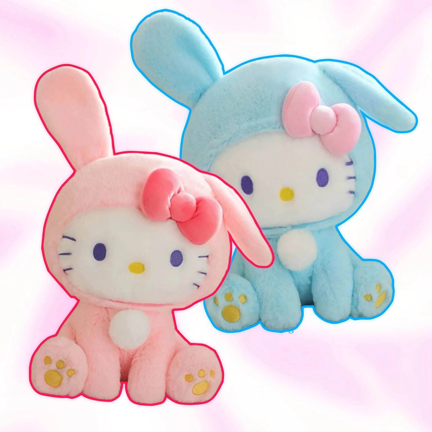 Stuffed bunny plush set: one pink Hello Kitty-style rabbit, one blue, with bow accents