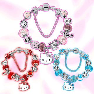 Set of Hello Kitty charm bracelets in pink, red, and blue with bow and cat charms