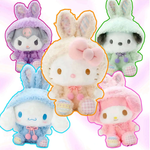Five pastel bunny plushies—cream, pink, mint, blue, and purple—displayed together