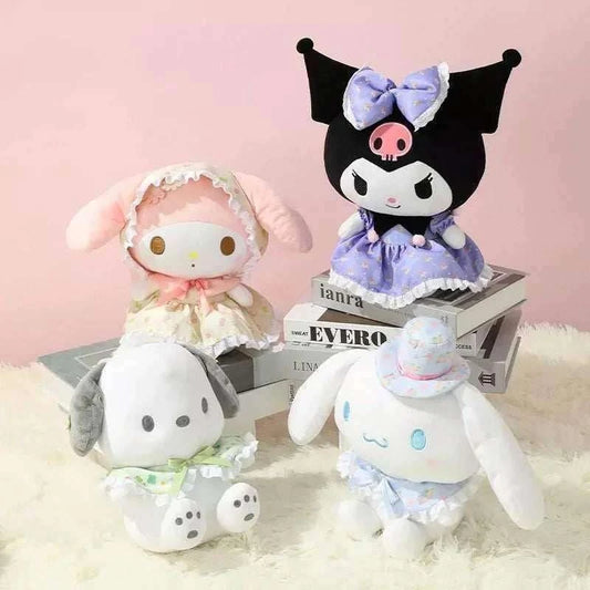 Plush doll set of four characters in pastel dresses and bows