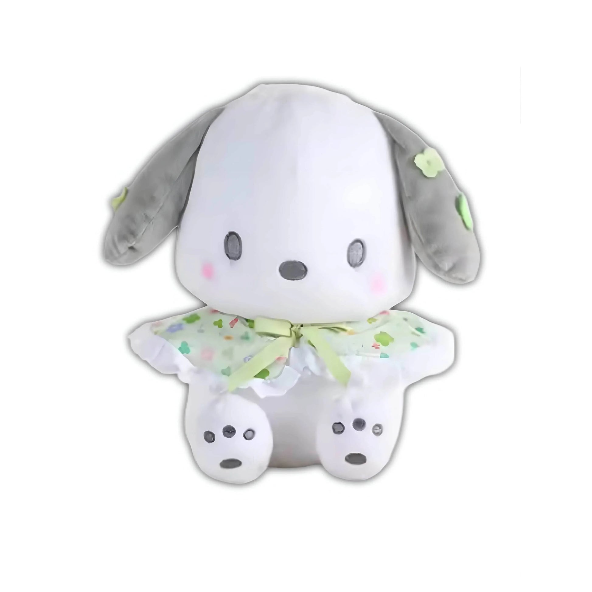 White plush toy with gray ears and green accents, floral outfit with neck bow
