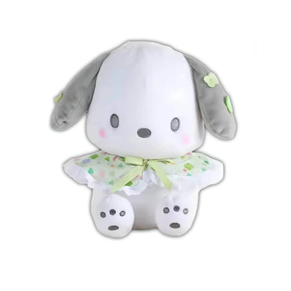 White plush toy with gray ears and green accents, floral outfit with neck bow