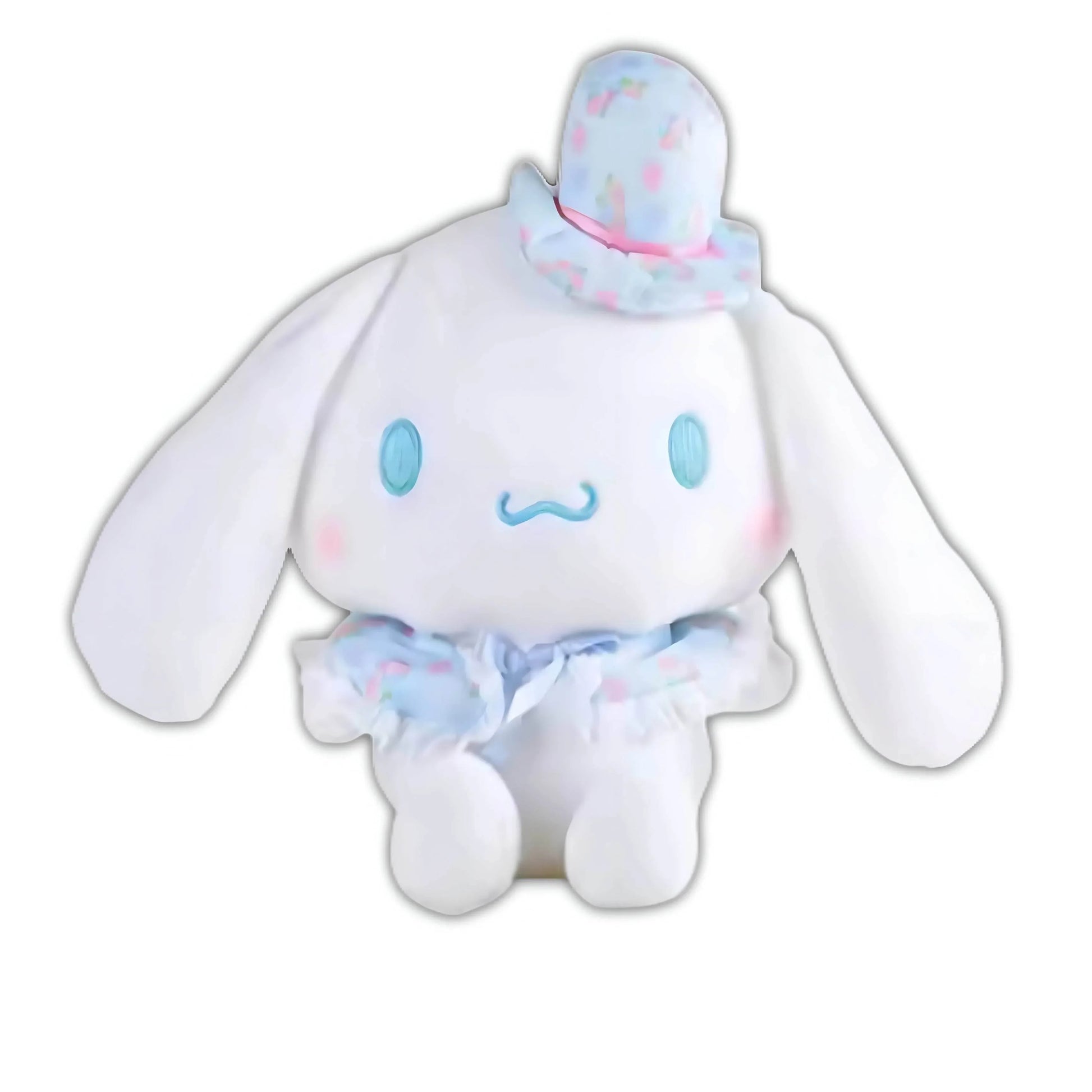 White plush toy with blue facial marks, hood with pastel trim, and tied sash