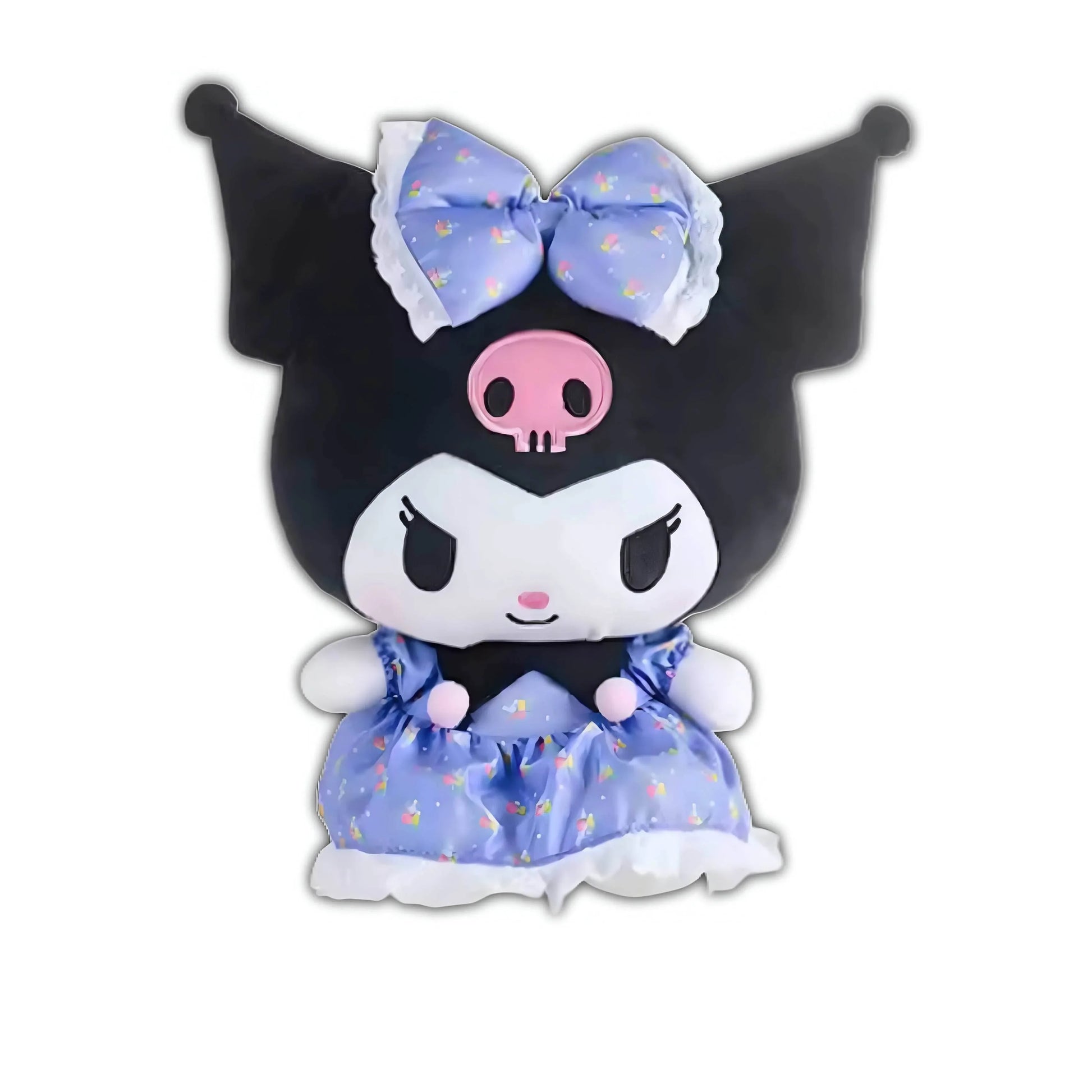 Black plush toy with large blue bow and blue dress with apron-like ruffle