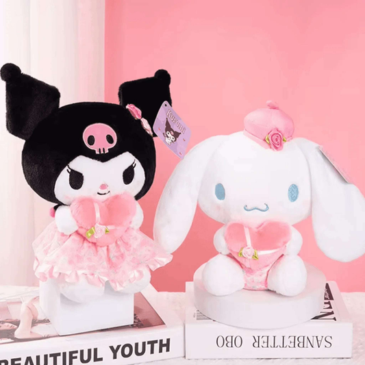 Kuromi and Cinnamoroll plush toys with ruffled dresses and character tags