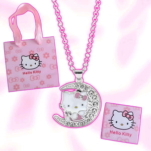 Silver moon pendant necklace with Hello Kitty face, rhinestone edge, and chain