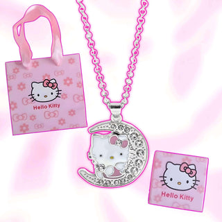 Silver moon pendant necklace with Hello Kitty face, rhinestone edge, and chain
