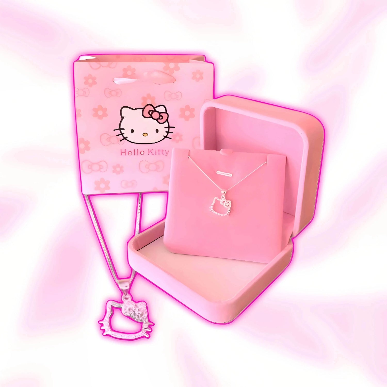 Hello Kitty pendant necklace in pink gift box, cat-shaped charm on a chain