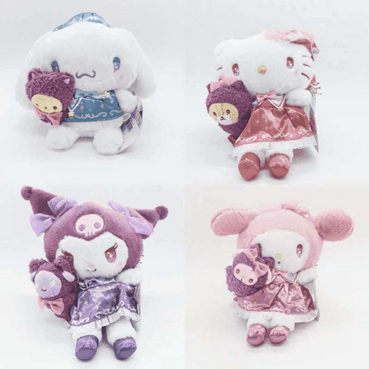 Four plush dolls in different outfits and colors, holding small bear plushes