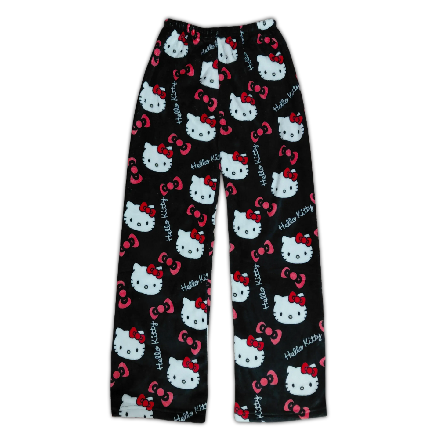 Black Hello Kitty pajama pants with white cat faces and red bow pattern