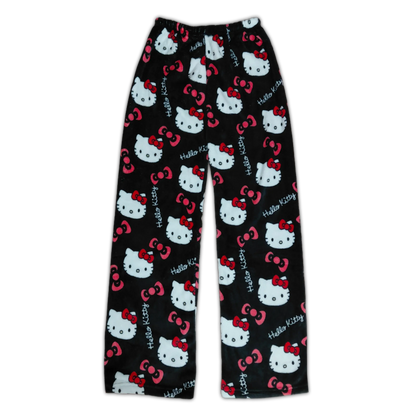 Black Hello Kitty pajama pants with white cat faces and red bow pattern