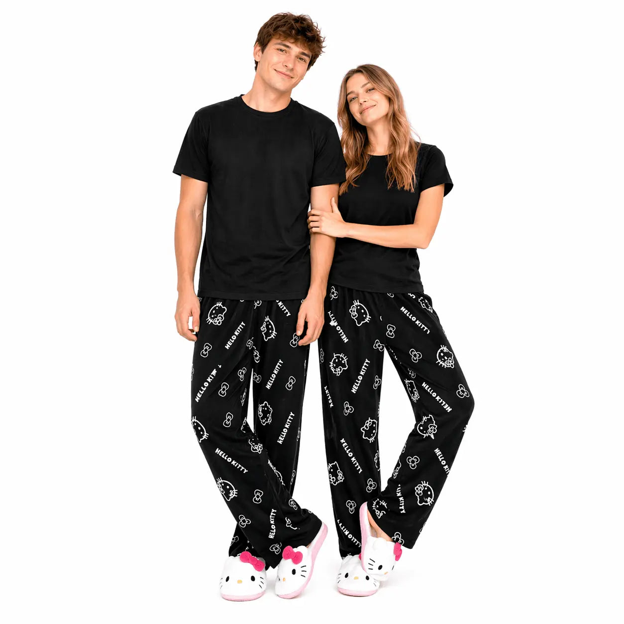 Black Hello Kitty pajama pants with allover white icon print and elastic waistband