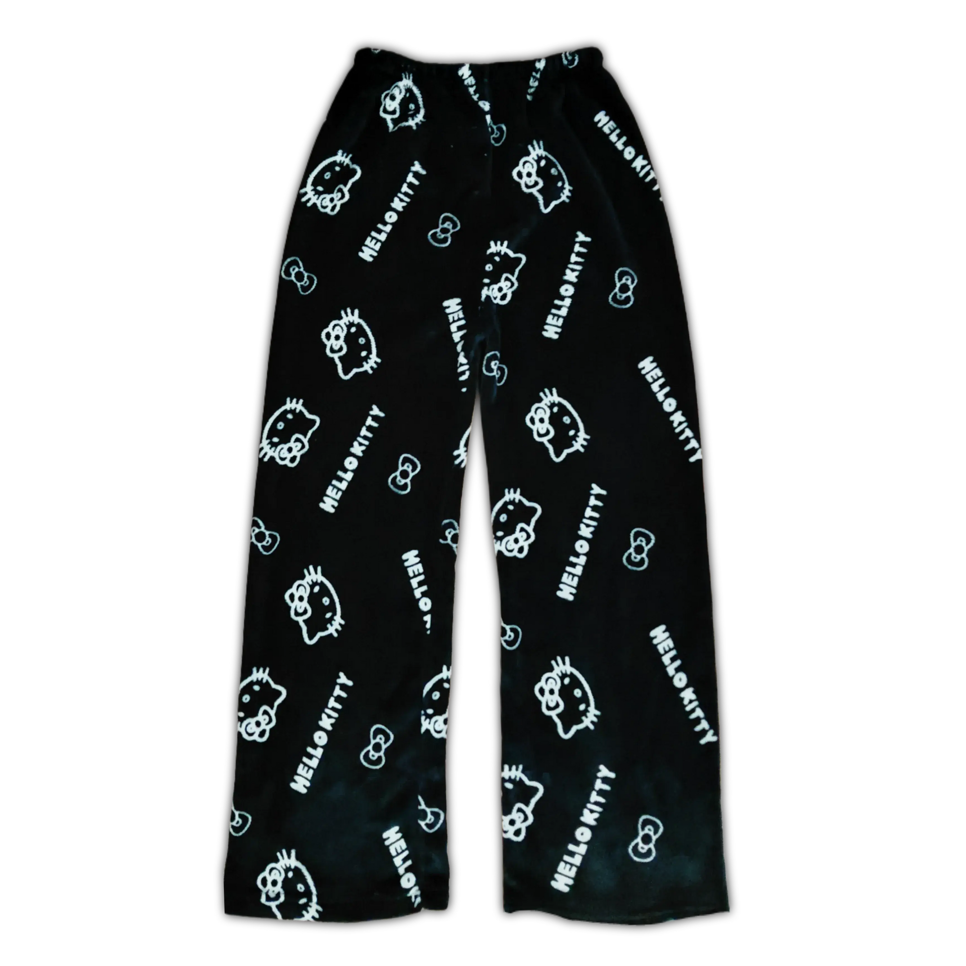 Black Hello Kitty pajama pants with light blue outline character icons