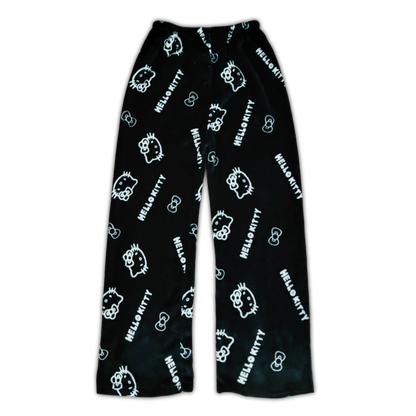 Black Hello Kitty pajama pants with light blue outline character icons