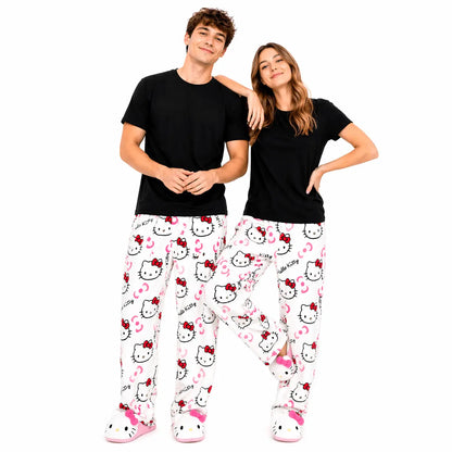 White Hello Kitty pajama pants with pink character print and elastic waistband