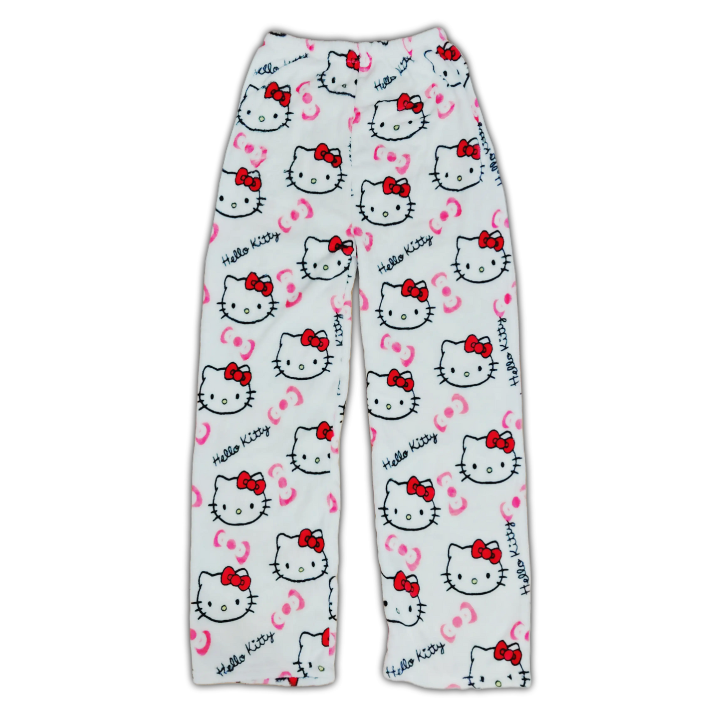 Hello Kitty pajama pants, white with pink Hello Kitty faces and red bows