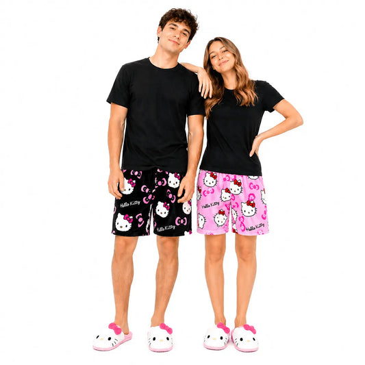 Hello Kitty pajama shorts set: black and pink character-print shorts with elastic waist