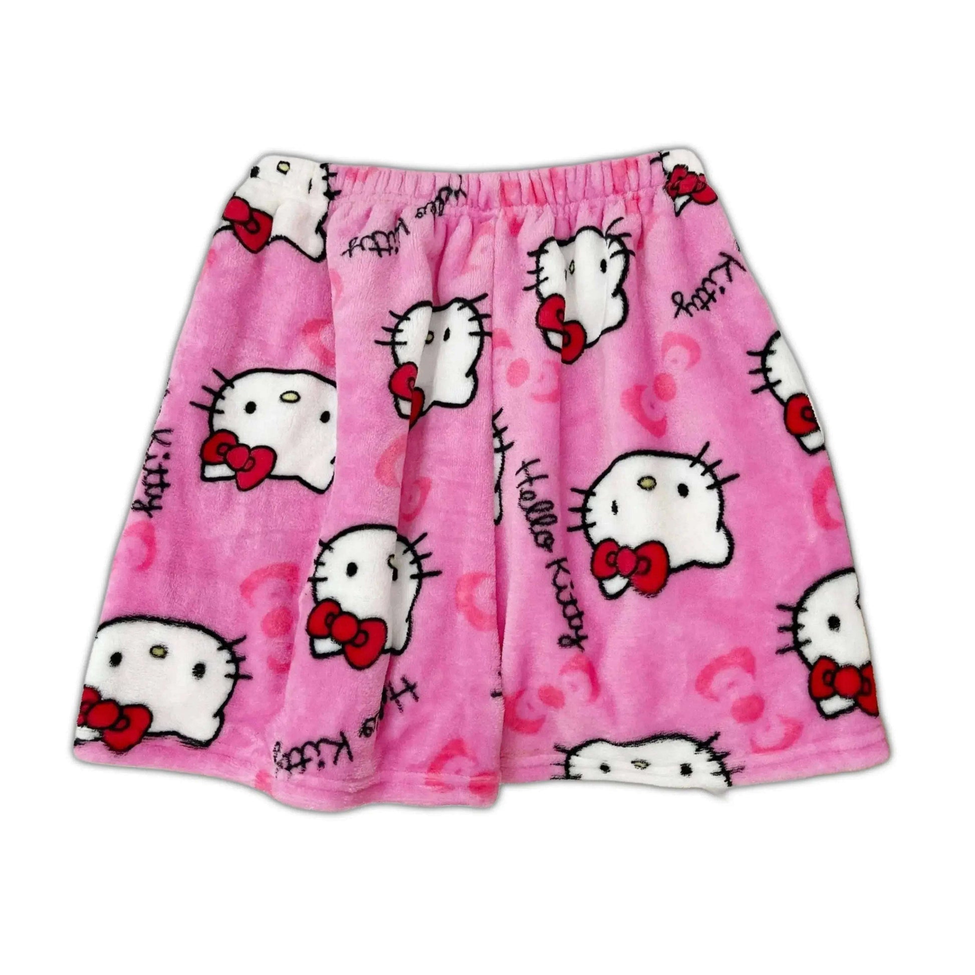 Light pink pajama shorts with Hello Kitty faces and red bow accents